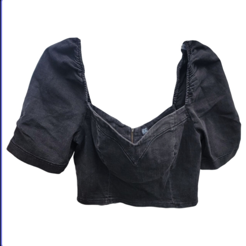 NWT BDG Black Puff Sleeve Women's Denim Crop Top - Size Medium - Picture 2 of 10